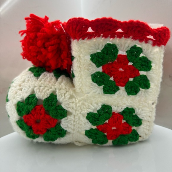 Vintage Granny Square homemade knit Christmas boot container - Picture 1 of 10